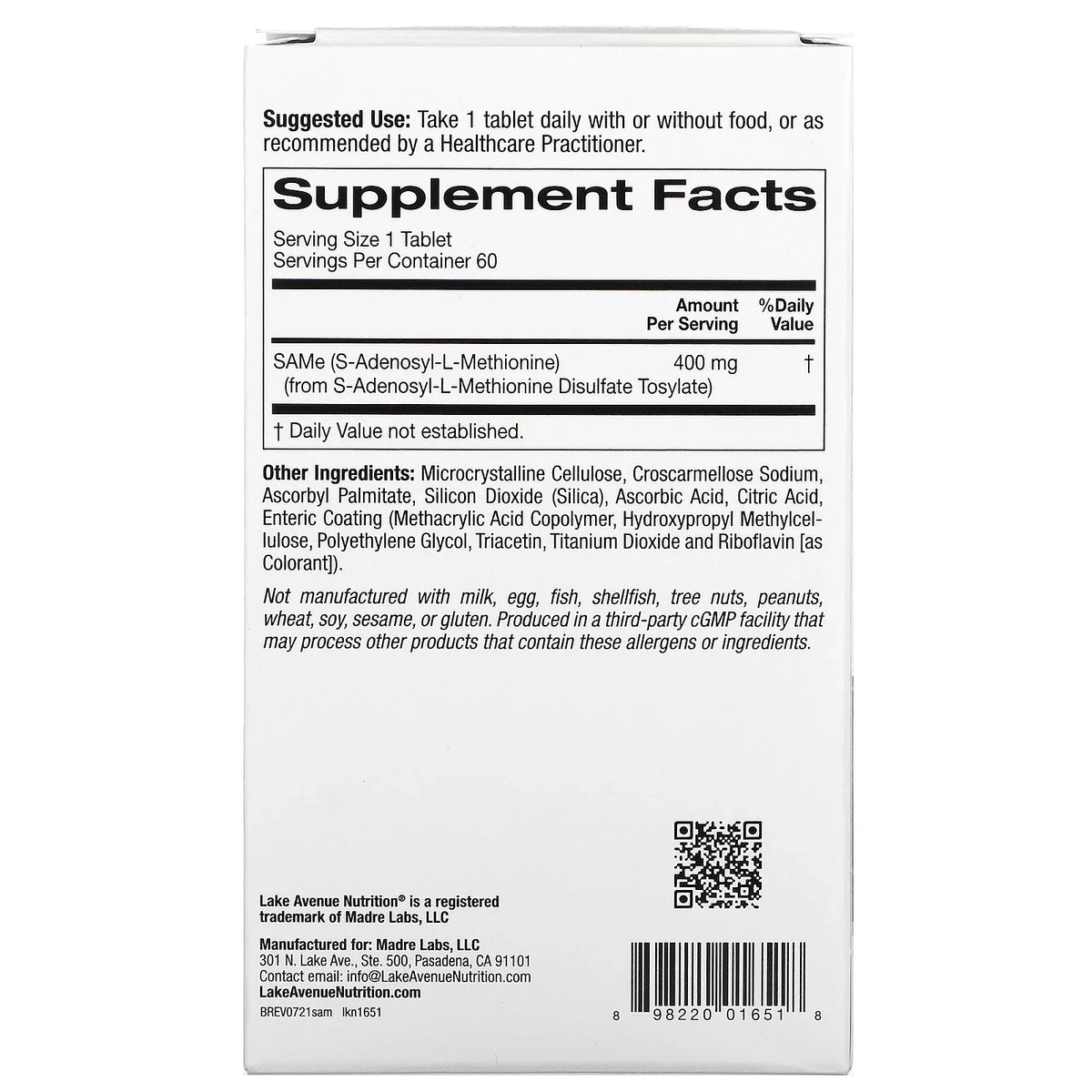 Lake Avenue Nutrition SizeAMe ( Disulfate Tosylate), 400 mg, 60 Enteric Coated Tablets