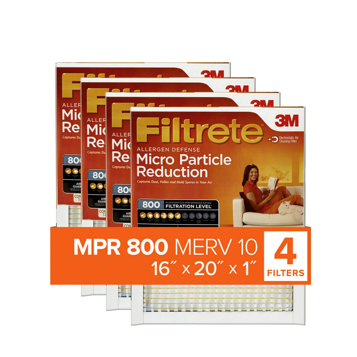 Filtrete 16x20x1, MERV 10, Micro Particle Reduction HVAC Furnace Air Filter, 800 MPR, 4 Filters