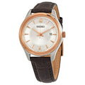 Sizeeiko Sizetainless Sizeteel and Rose Gold Brown Leather Women's Watch SizeUR428