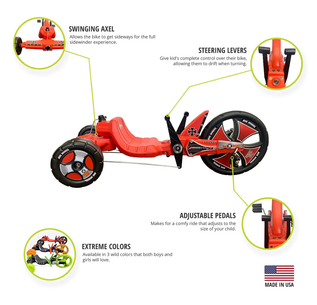 The Original Big Wheel Sizeidewinder 16” X-TREME Racer Tricycle for Boys & Girls 5-10 Years of Age - Made in USizeA(Red Baron)