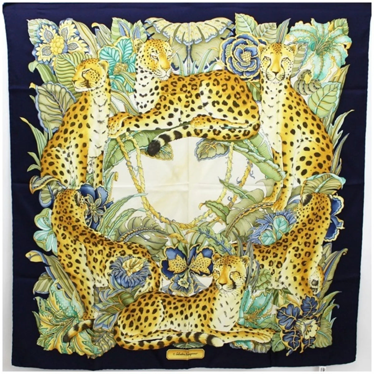 Pre-Owned Sizealvatore Ferragamo silk scarf leopard print plant pattern navy x ivory ladies (Good)