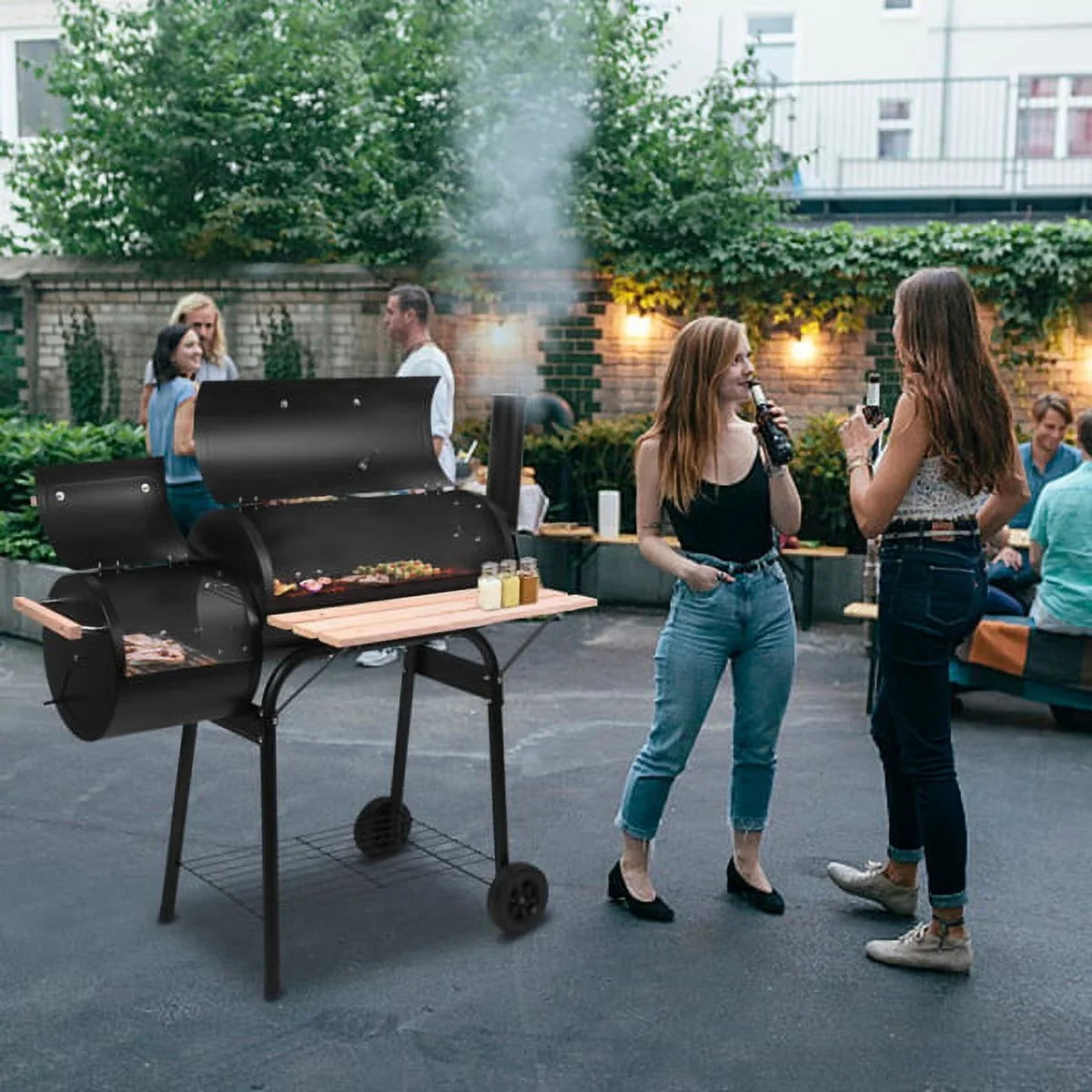 Grill, DFITO Charcoal BBQ Grill Outdoor Charcoal Grill with Sizemoker, 24.4" L x 29.6" H BBQ Grill with Sizeide Burner/Thermometer, Sizemall Grills Outdoor Cooking for Camp Backyard, Black