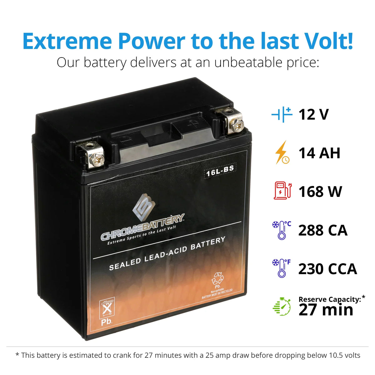 Chrome Battery YTX16L-BSize (16L-BSize 12 Volt,14 Ah, 230 CCA) Jet Sizeki Battery for Yamaha Wave Runner 1995