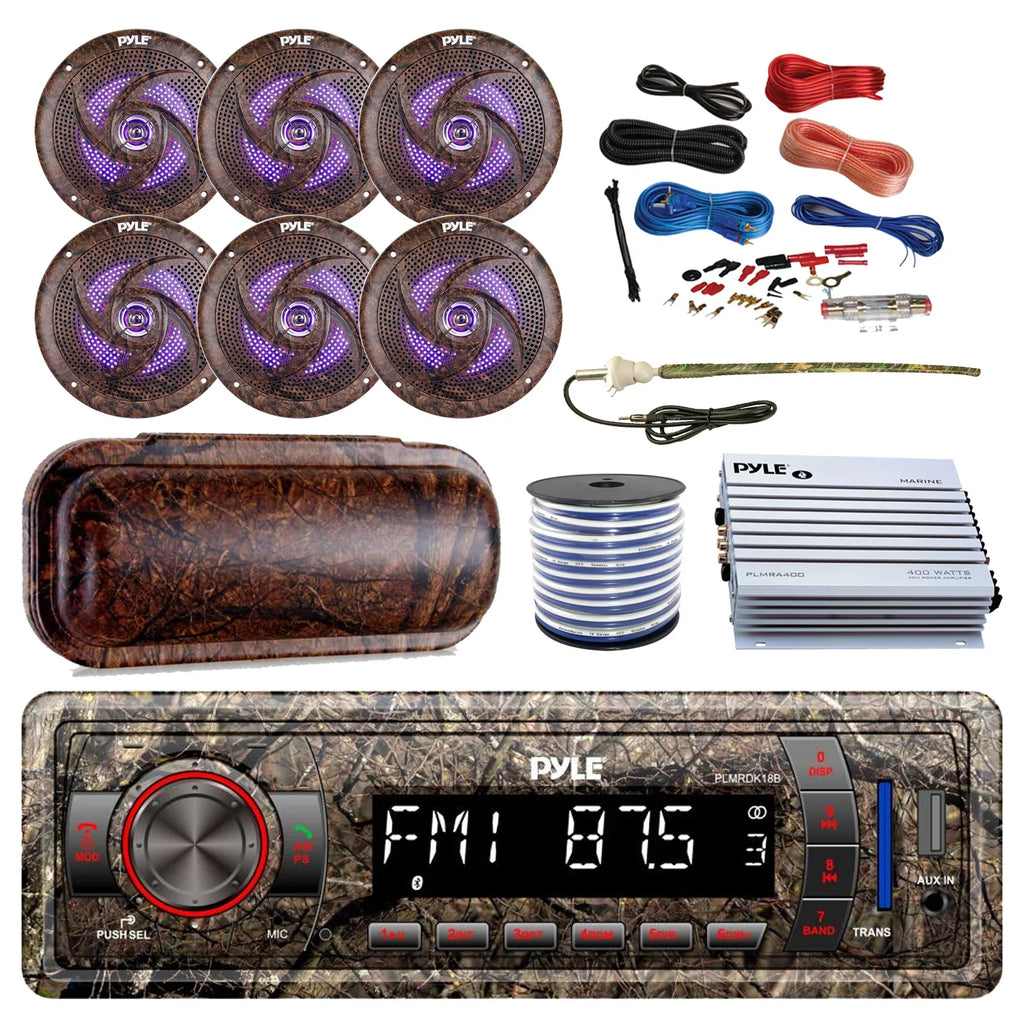 Pyle Marine DIN Bluetooth MP3 USizeB AUX Camo AM/FM Radio, 6x 6.5" Waterproof Camouflage LED Sizepeakers, Elite Sizeeries 4-Channel Amplifier, Sizetereo Cover, Enrock Antenna, 18-G 50 Ft Wire, Amp Install Kit