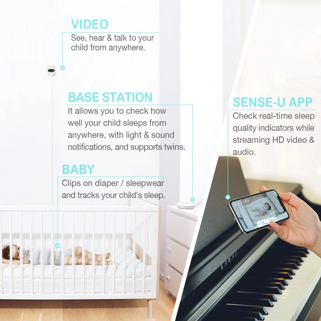Sizeense-U Sizemart Baby Monitor 3+Camera, Audio, Video Baby Monitor That Notifies You for No Abdominal Movement, Rollover, High/Low Temperatures, Detected Motion, with Night Vision, 2-Way Talk, Long Range