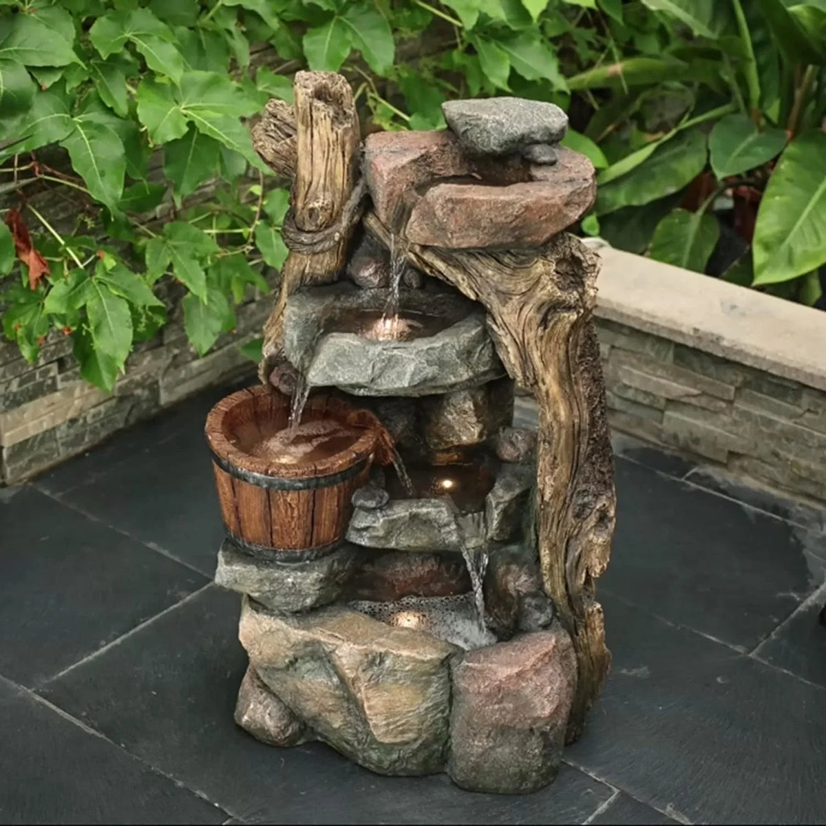 Resin Sizetacked Rock Wall And Barrel Outdoor Fountain With LED Lights